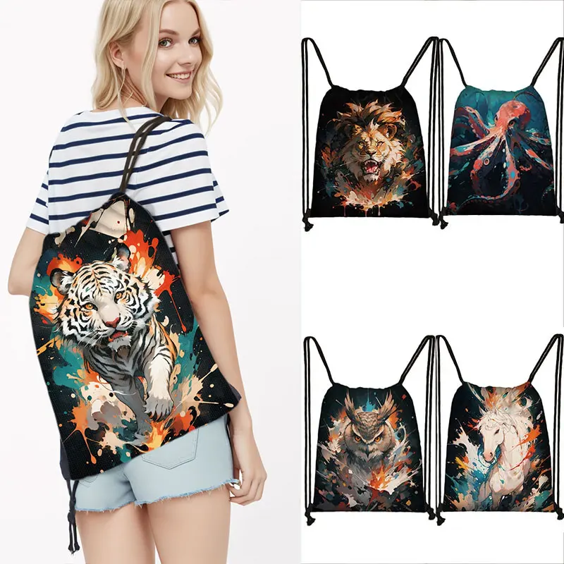 

Paint Splatter Animals Tiger Horse Octopus Backpack Women Drawstring Bags Outdoor Watercolor Owl Storage Bag for Travel Bookbags