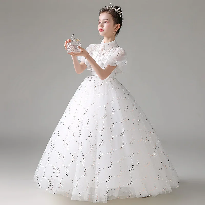 Child Girls Evening White Dress for Wedding Elegant Party Formal Sexy Sequin Long Dresses Puff Sleeve Birthday Frock Ball Gown