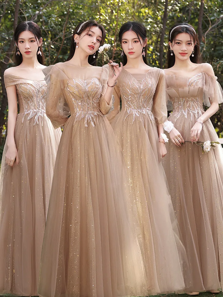 

4 Styles Elegant Long Bridesmaid Dress Women's Ruffles A-Line Floor Length Lace Up Sequined Classical Tulle Wedding Party Dress