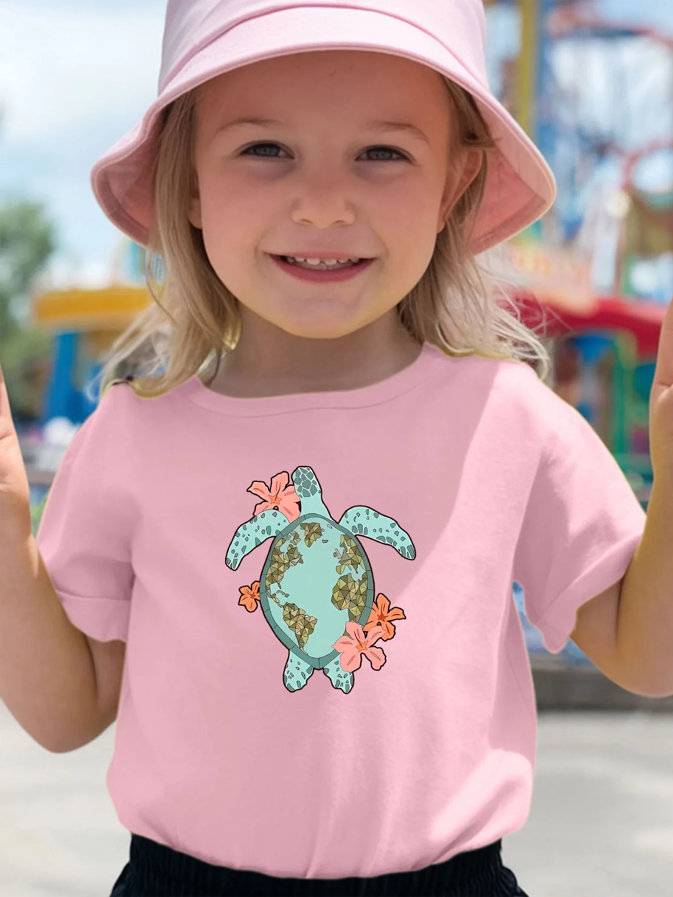 World Map Sea Turtle Floral Nature Pattern Print Kids T Shirt Boys Girls Short Sleeve Cotton Family Matching Toddler Daily Tops