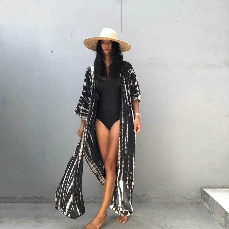 Beach Women Tie Dye Striped Bikini Cover Ups For Swimwear Hooded Swimsuits 2022 New Beachwear Japanese Kimono Mujer