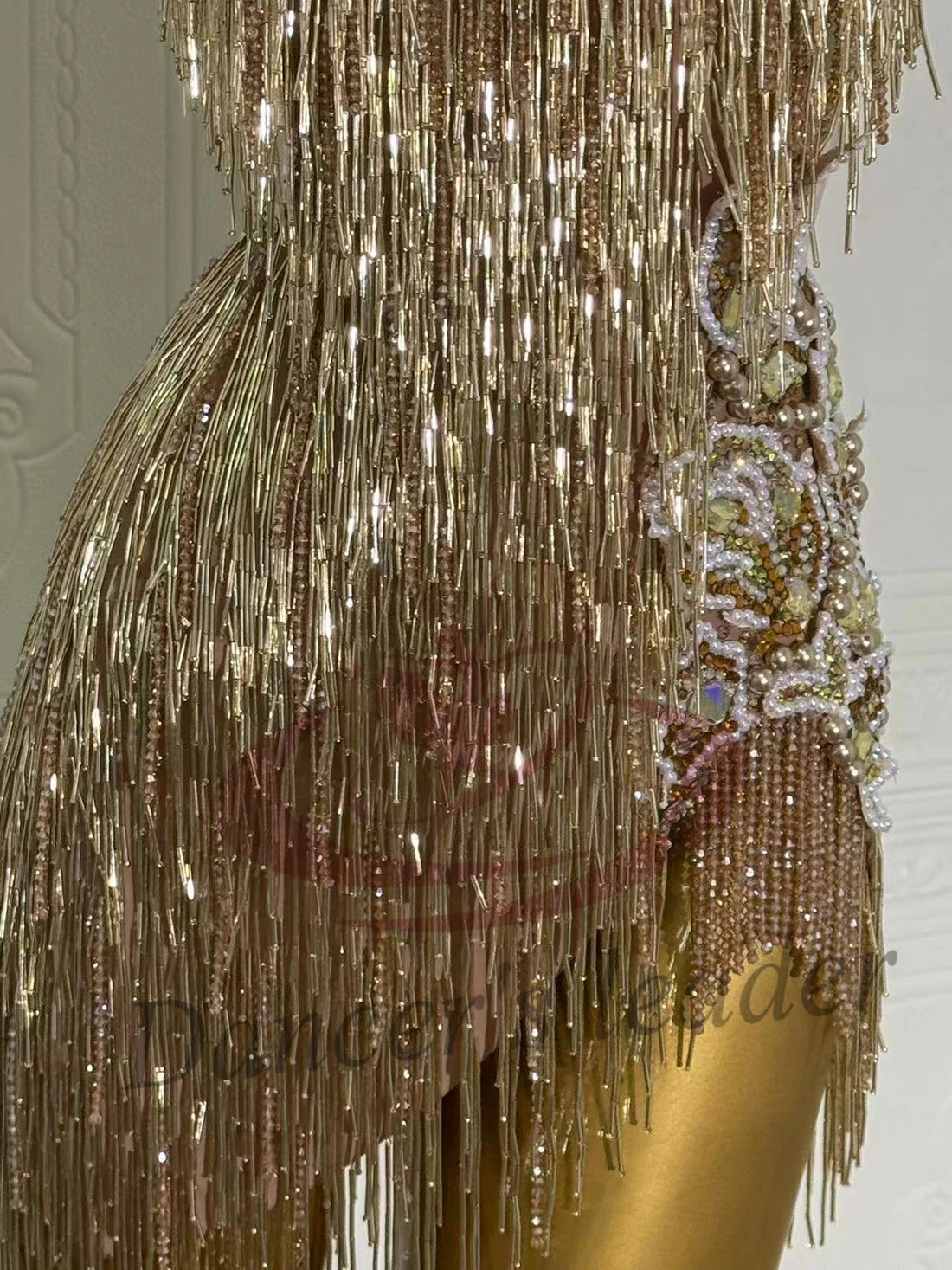 Vestido de baile latino para niños y adultos, piedra AB, tubo de perlas dorado personalizado de alta gama, borla de perlas, ropa de mujer Cha Tango