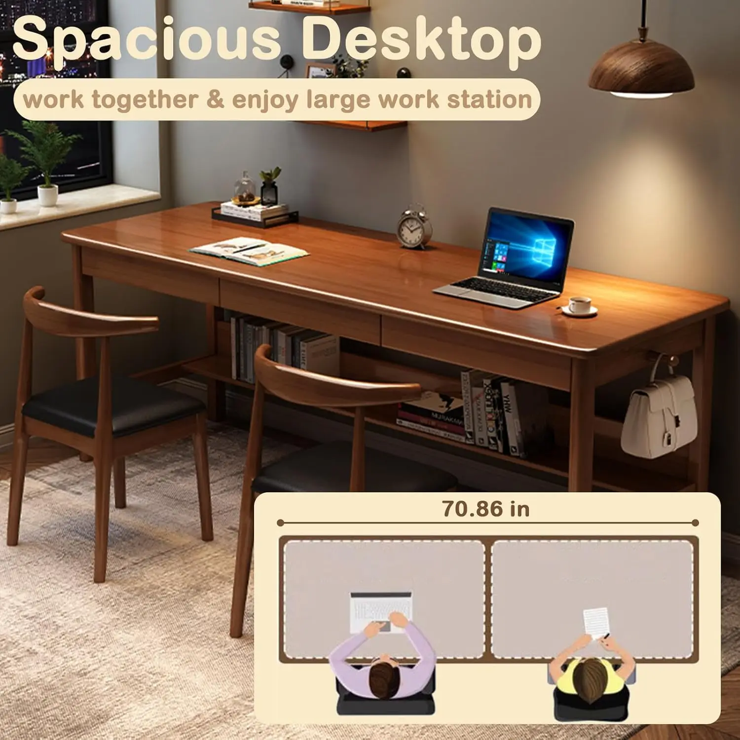 

Long Solid Wood Desk with 3 Drawers Home Office Computer Desk Mid Century Modern Desk Large Study Writing