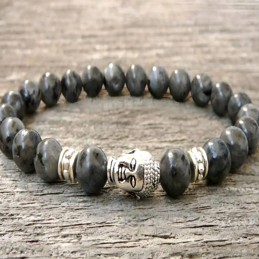 

Natural Grey Stone Buddha Head Bracelet for Men Women Elastic Beaded Bracelet Punk Jewelry
