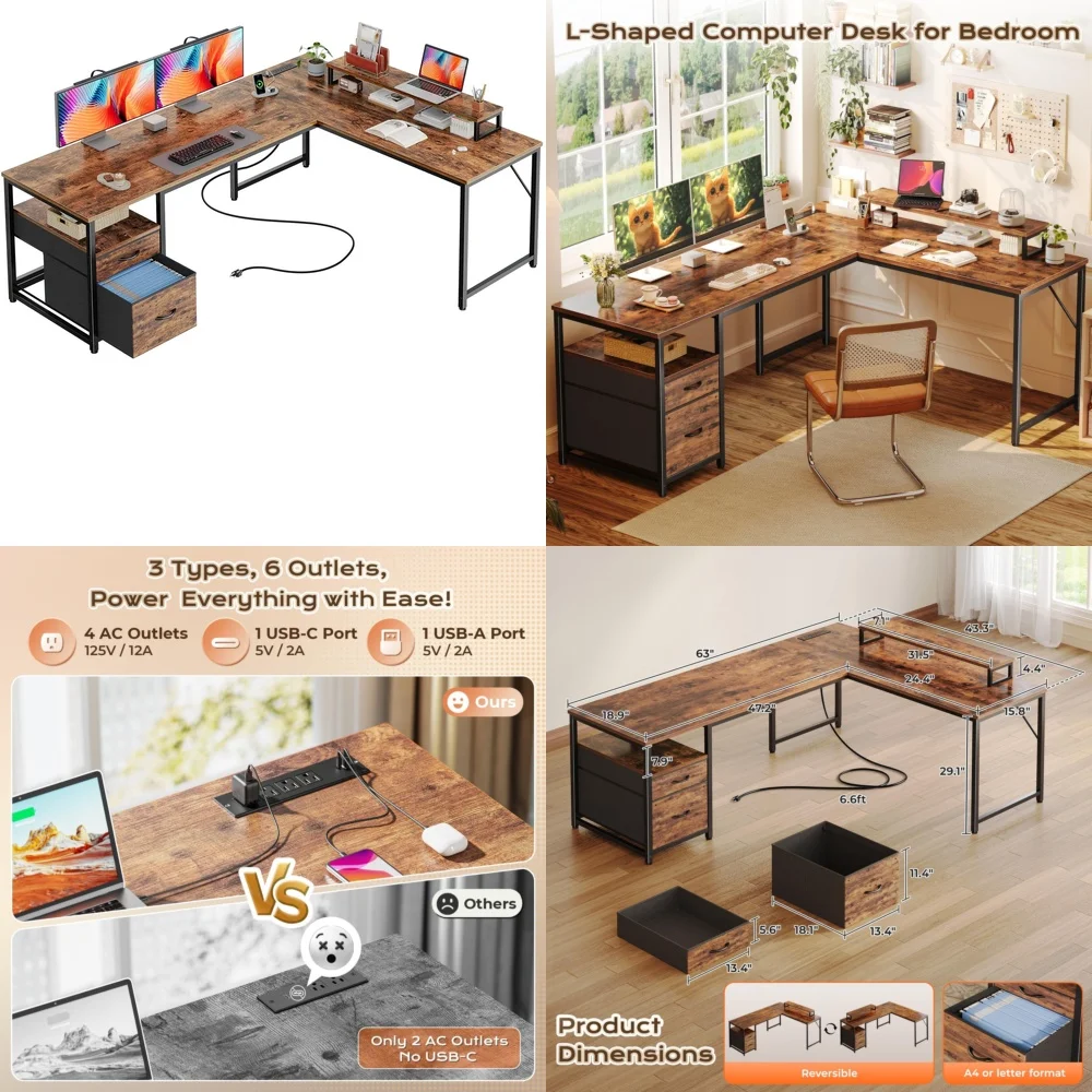 

Computer DesksL Shaped Desk 63 Inch with Power Outlets and USB Ports for Home Office Corner Computer Desk Space Saving