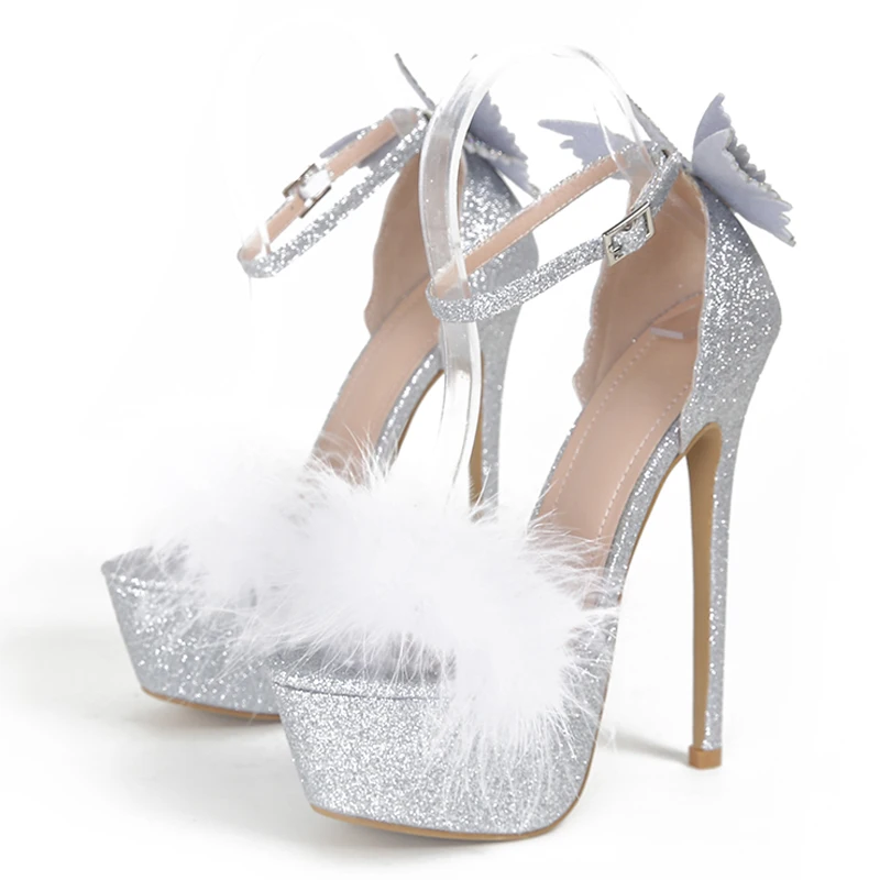 Eilyken Bling Sequin Cloth Feather Buckle Strap Women Sandals Sexy Platform Party Stripper Stiletto High Heels Summer Shoes