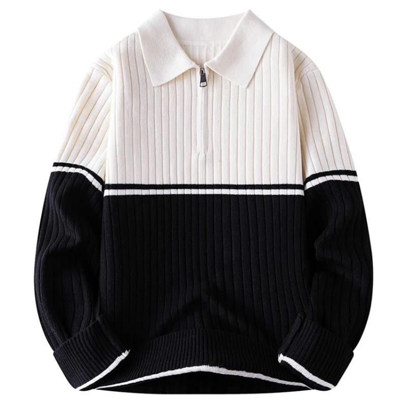

Men's Ribbed Zip-Up Collar Knit Sweater - Off-White & Black (Khaki/White/Green) Contrast Stripe Design | 2025 New Arrival​