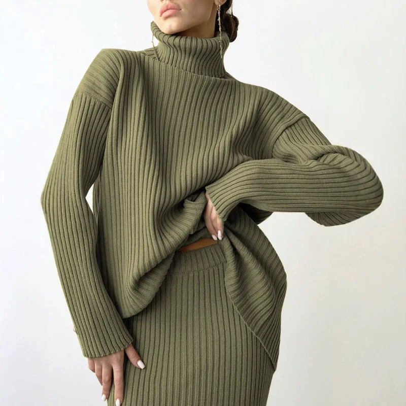 Chic Wind Turtleneck Sweater Set Women's Loose Thermal Cover Head Pit Strip Skirt Sweater Two-piece Set Y2K Knitted Outfits