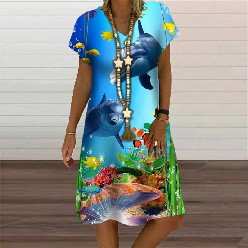 New Women Ocean Life Sea 3D Fish Print Dresses For 2023 Summer Beach Style Loose Short Sleeve Dress Casual V-Neck Woman Clothes