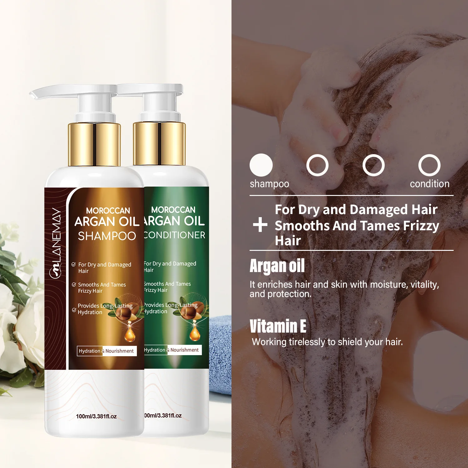 Moroccan Argan Oil Shampoo & Conditioner Set – 100ml+100ml. Specially formulated for dry and damaged hair, this duo deeply moist