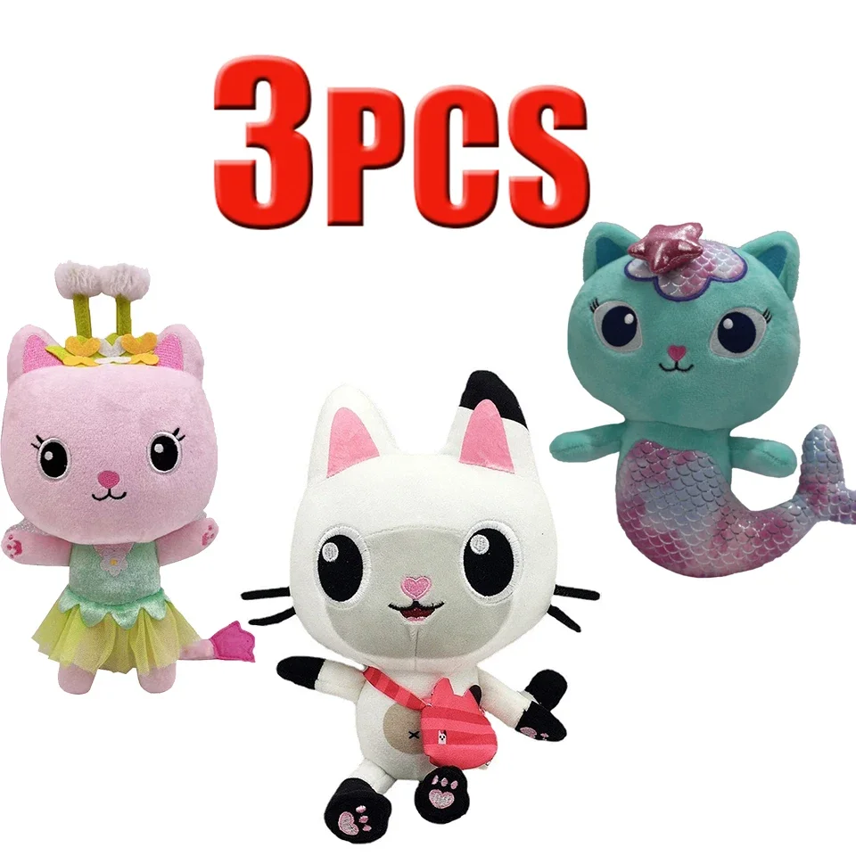 INSTOCK 20CM-25CM 3 uds casa de muñecas Gabby juguete de peluche Mercat dibujos animados animales de peluche gato sonriente coche abrazo de gato muñecas de niña Gaby cumpleaños