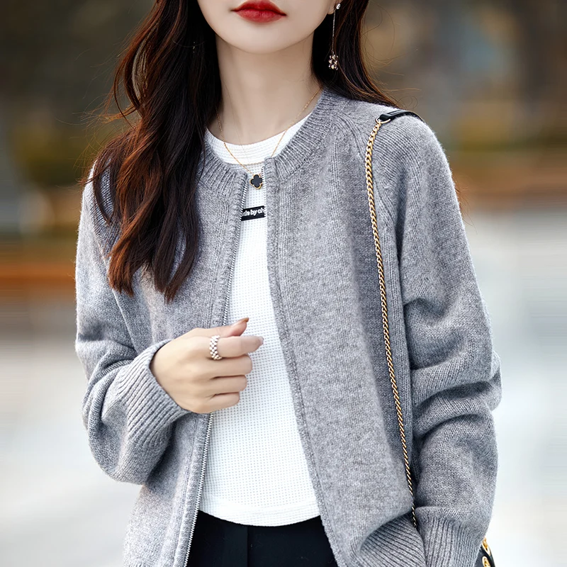 

Fashion O-Neck Double Zipper Elegant Knitwear Solid Color 100% Merino Wool Cardigan Cashmere Long Sleeves Warm Clothing Tops