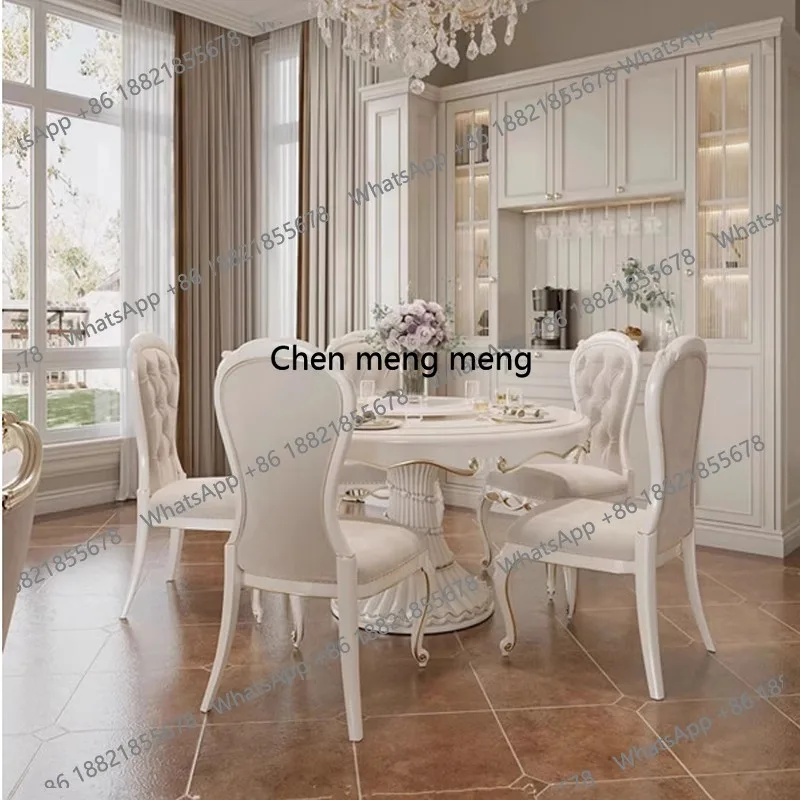 

French luxury restaurant solid wood carving flower dining table and chairs, European romantic princess style 135 round ribbon di