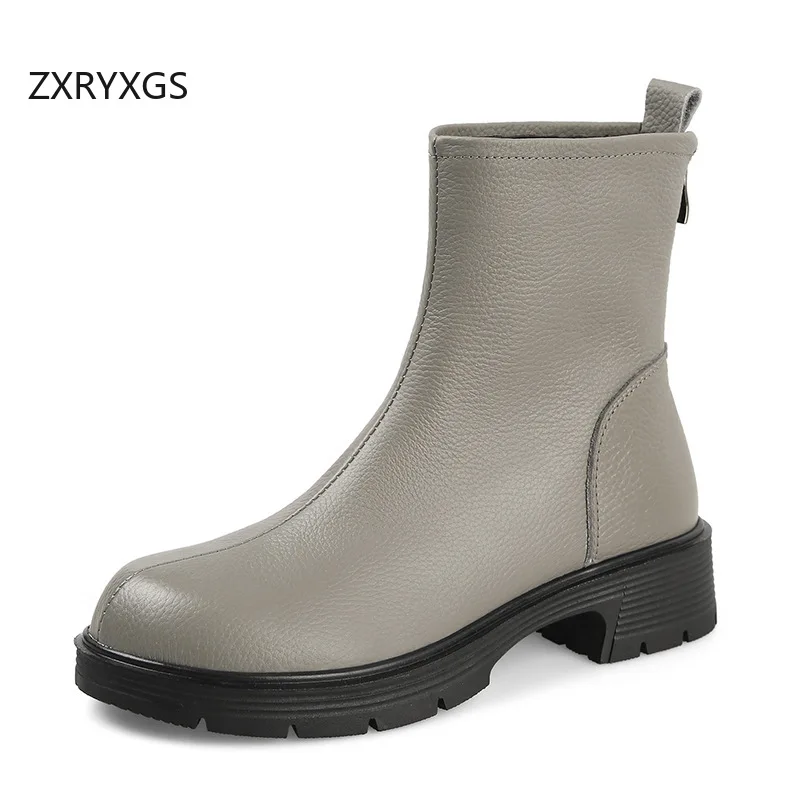 

ZXRYXGS Осенне-зимние ботинки из воловьей кожи с головным убором, 2022, элегантные удобные ботинки-трубы, ботинки из натуральной кожи на толстом среднем каблуке с молнией сзади