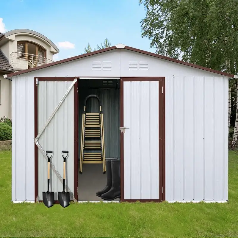 

12ft x 10ft Metal Garden Shed - Outdoor Storage - White & Brown