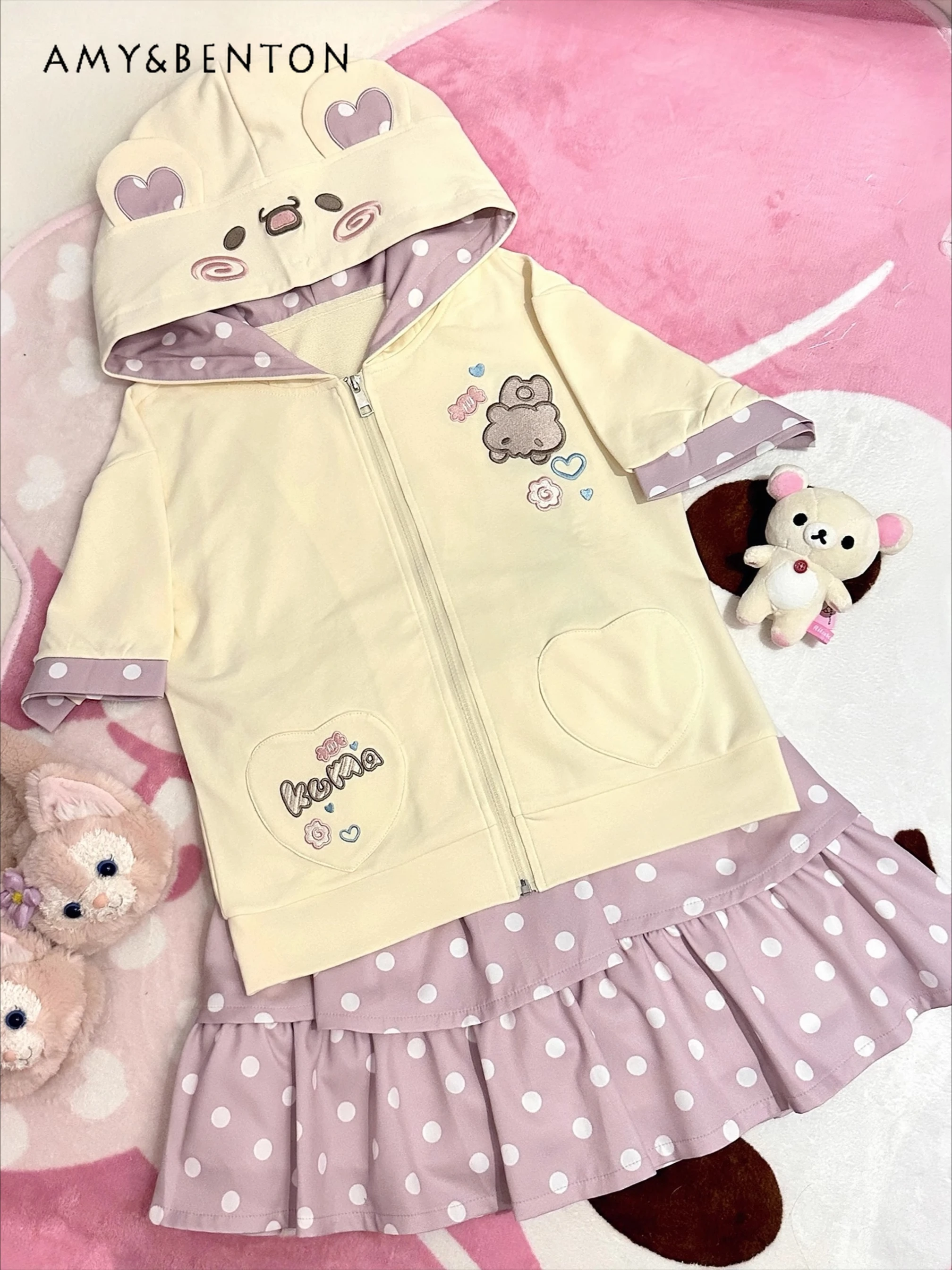 

Japanese Cartoon Embroidery Polka Dot Printing Hooded Short-sleeved Mini Skirt Two-piece Set Summer Preppy Style Kawaii Sets