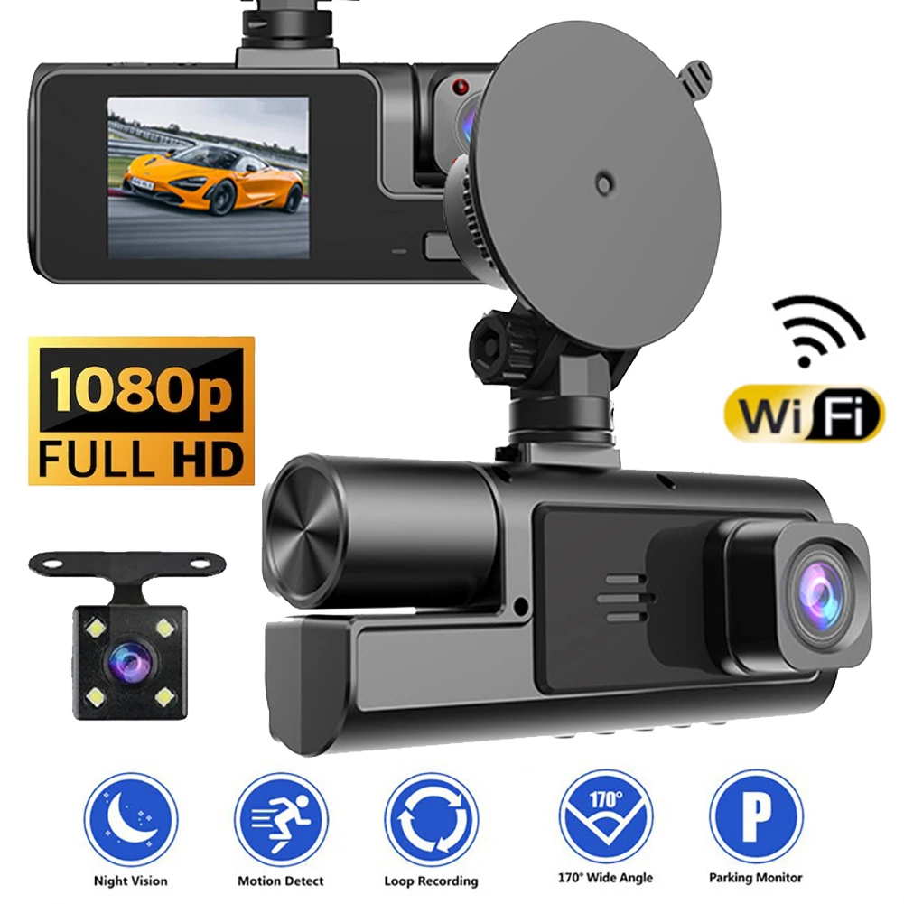 

1080P Car Dash Cam 3 Channel Front Rear and Inside with WiFi DVR Driving Recorder Loop Recording 24H Parking Monitor G-Sensor