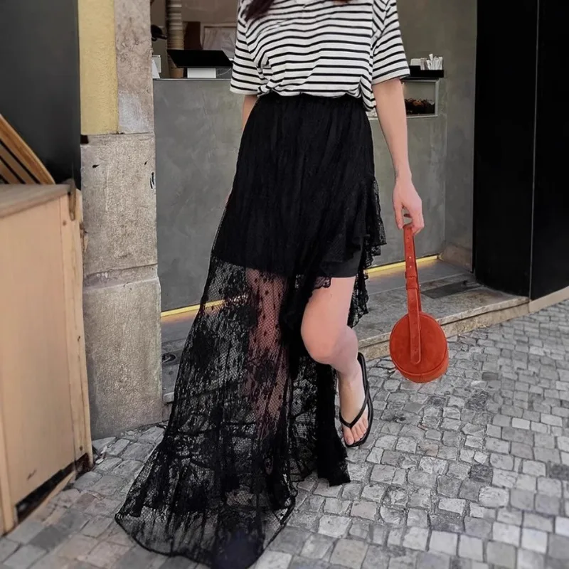 

Tuularose Black Lace Skirt Women Summer Vintage Irregular See Through High Waist Long Skirt Sexy Casual Lace Patchwork Y2k Skirt