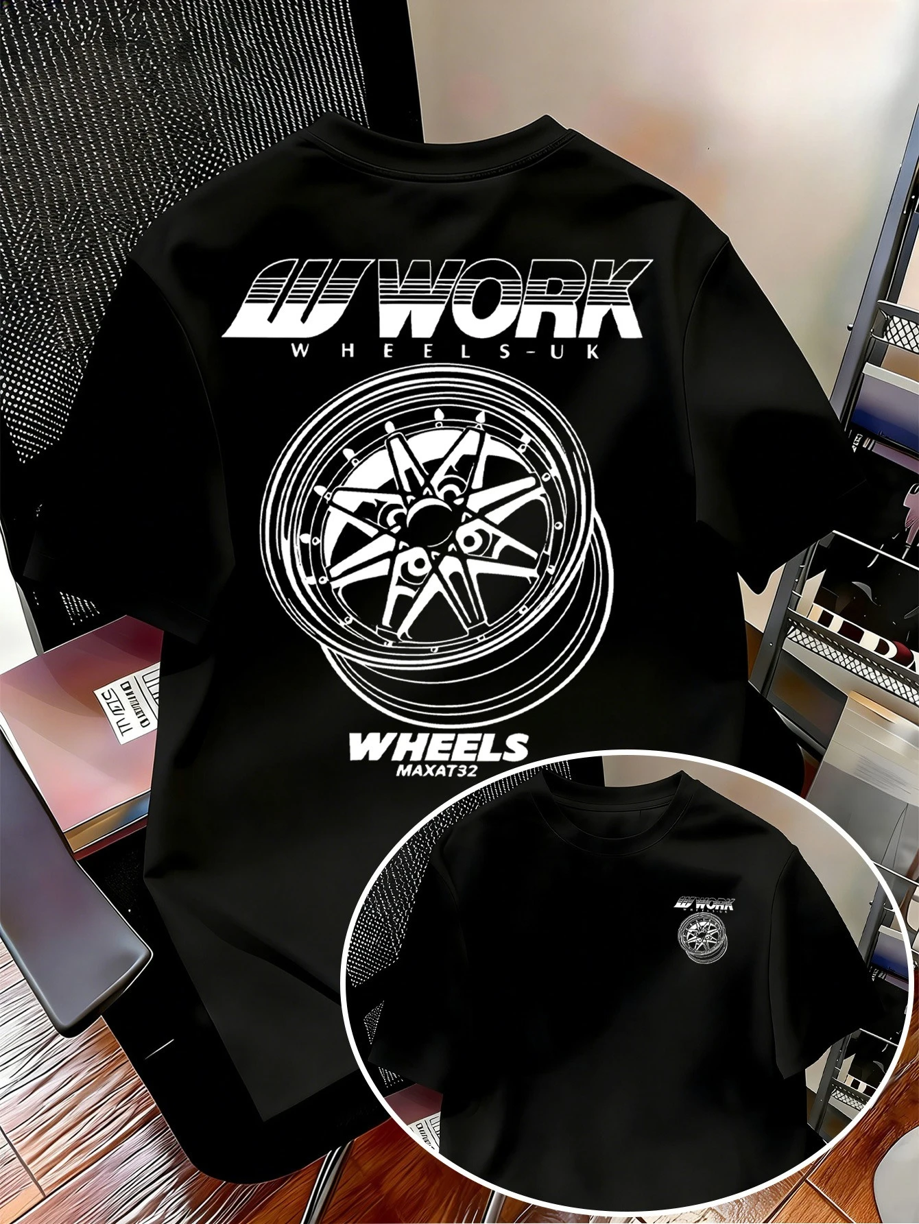 Herren-T-Shirt mit Aufdruck „Work Wheel Pattern“, kurzärmeliges T-Shirt, lässiges JDM Automobile Culture Shirt, Sommer-Stil, Herrenbekleidung