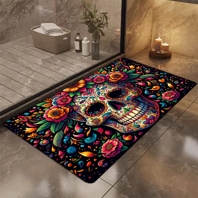 Vibrant Non-Slip Sugar Skull Door Mat Flannel Floor Mat for Kitchen Living Room Bedroom Laundry Bathroom Day of The Dead Decor