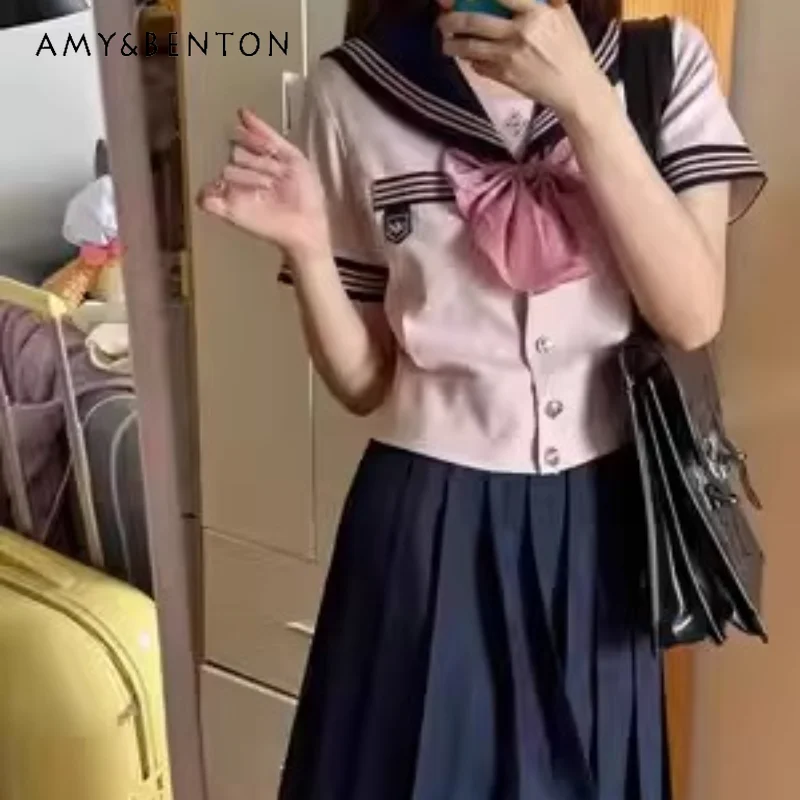 Japanese Style JK Uniform Sailor Suit Autumn and Winter Pink Long Short Sleeves Top Tight Waist Slimming Pleated Skirt Set Girls