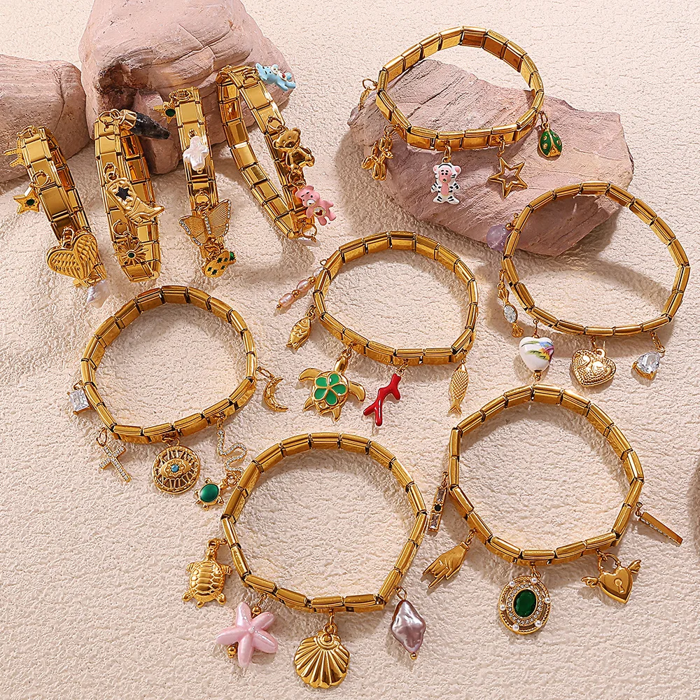 18K Gold Plated Italian Modular Bracelet Stainless Steel Elastic Watchband Style Customizable DIY Charm Links Women Gift Jewelry