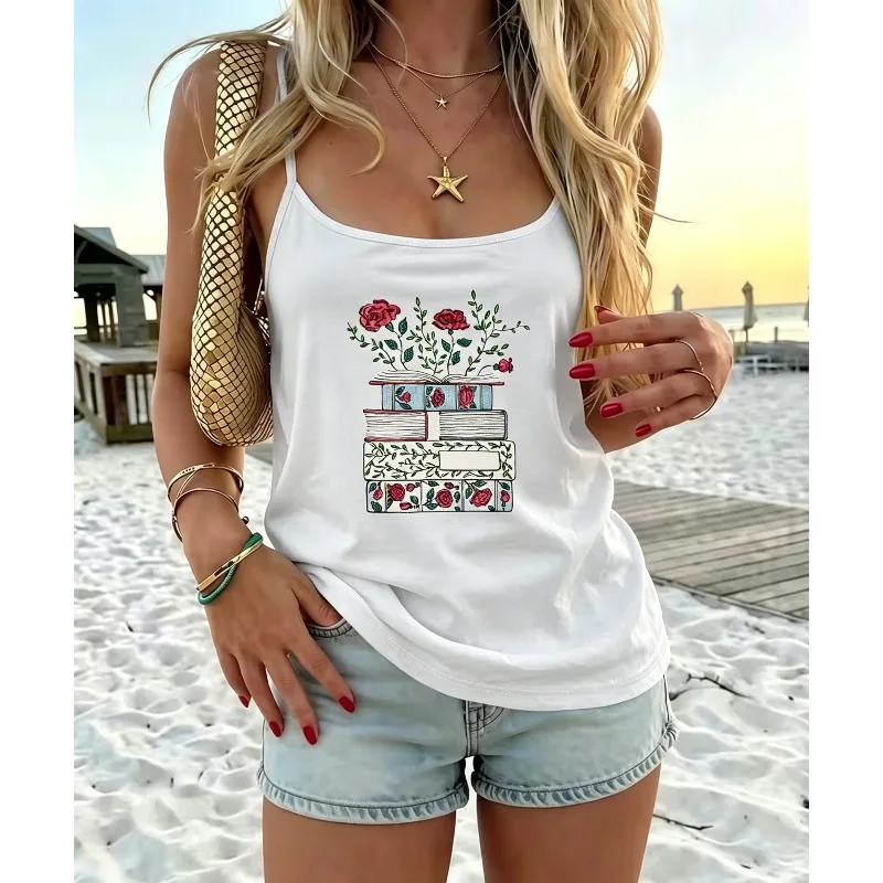 Vintage Rose Stacked Book Print White Spaghetti Strap Camisole  Casual Layering Summer Cottagecore Daily Outfit Top