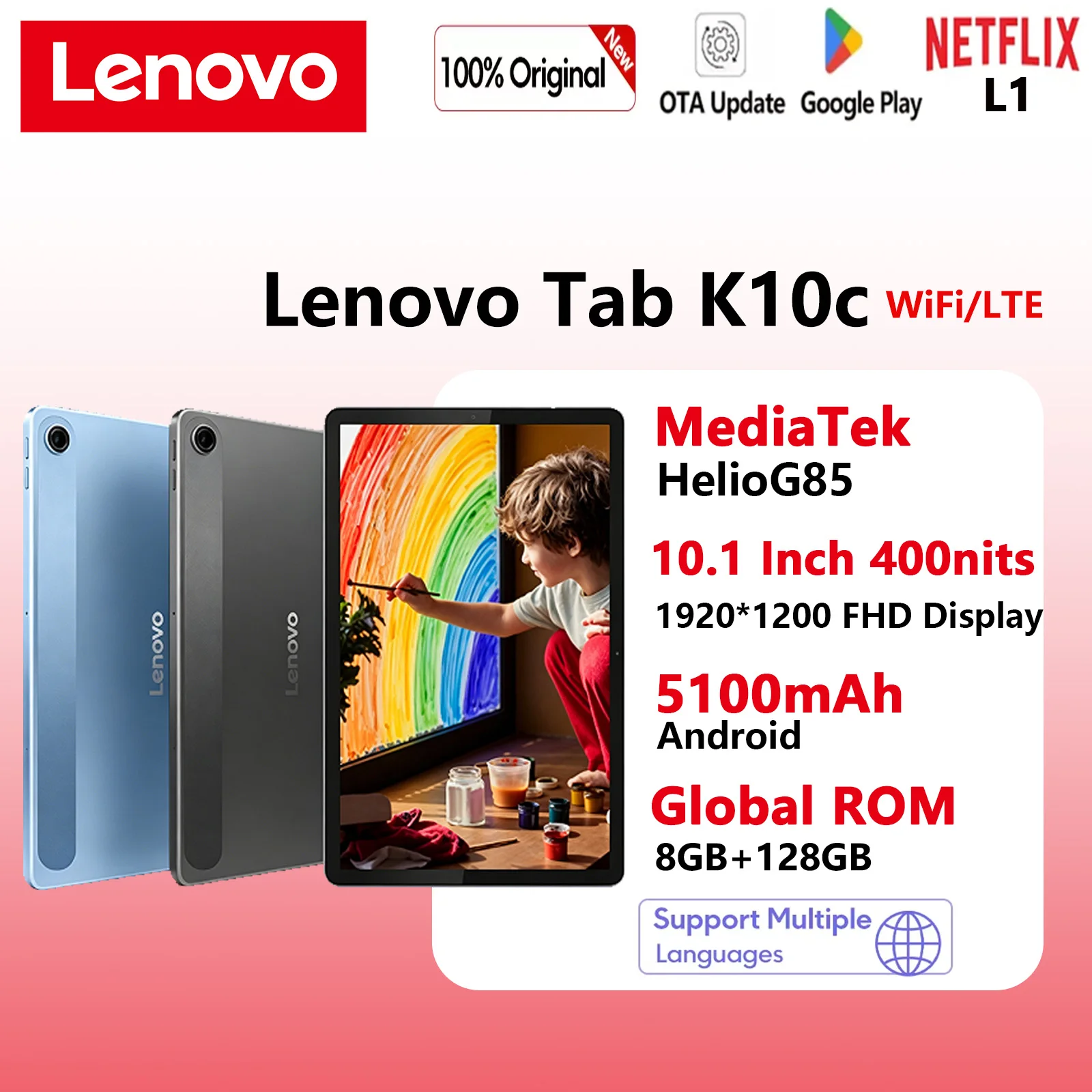 Tablet Original Lenovo Tab M10 K10c de 10.1” con ROM Global, Resolución de 1920*1200, 8 GB de RAM, 128 GB de ROM, Procesador MediaTek Helio G85, Batería de 5100 mAh, Wifi, Android, 2025