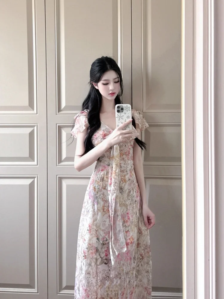 Retro Floral Trim Dr Women's Summer Slimming Long Skirt Vaion Sle ort Sve V-Ne Breathable Comfortable Fit Body...