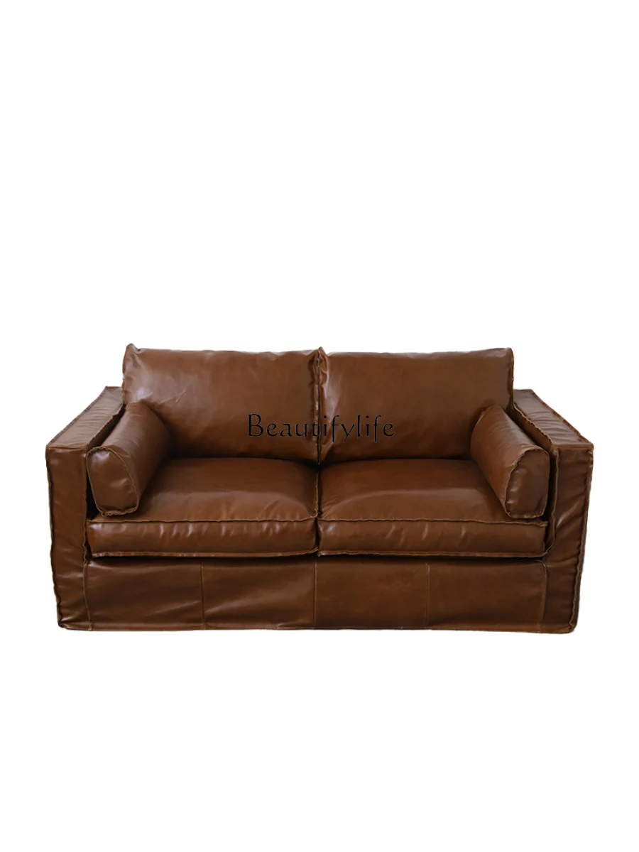 

Wabi Shafeng leather oil wax cowhide sofa small apartment retro old office sofa