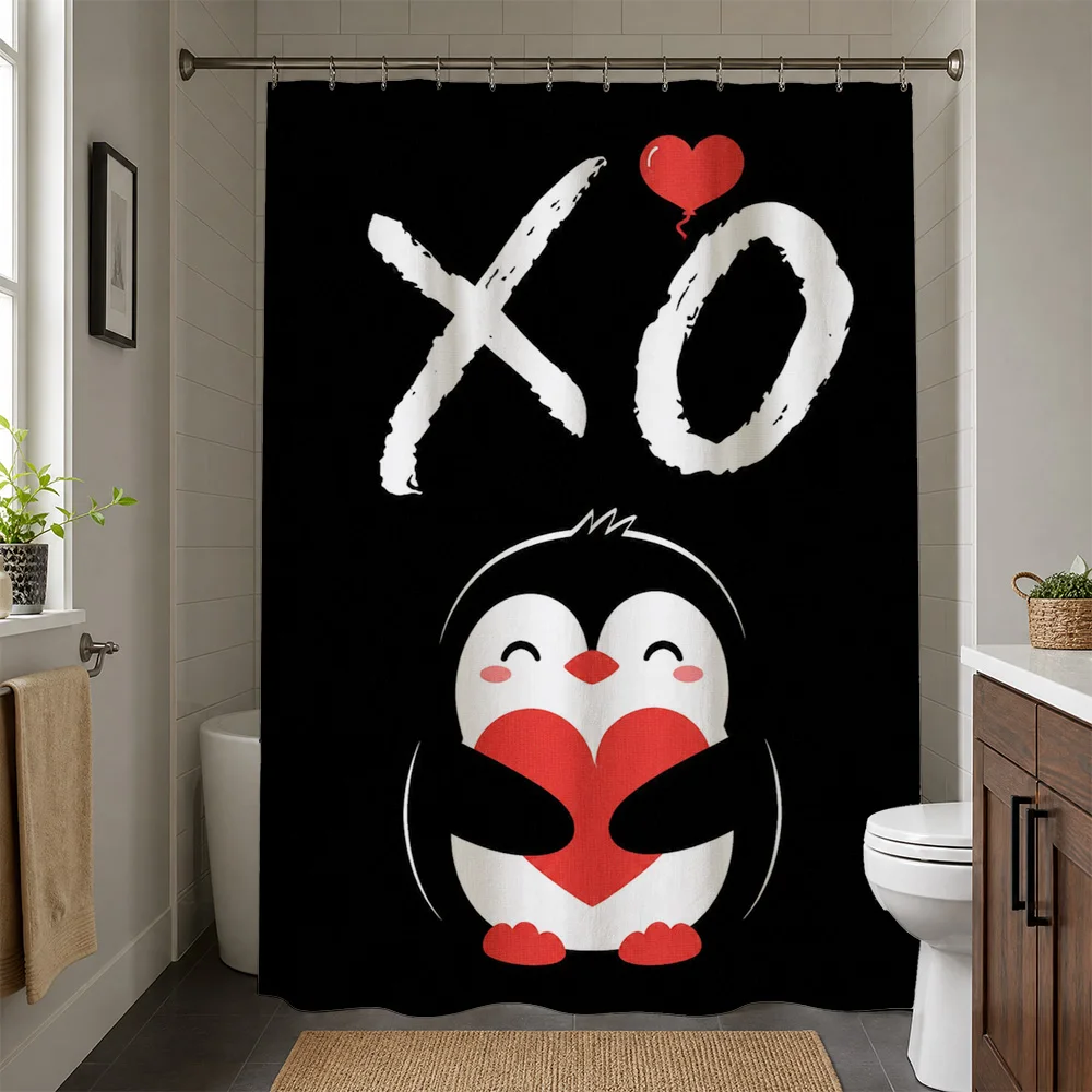 Cute Penguin Love X O Shower Curtain Bathroom Decor Novelty Gift for Valentines Day Home Bathroom Accessories