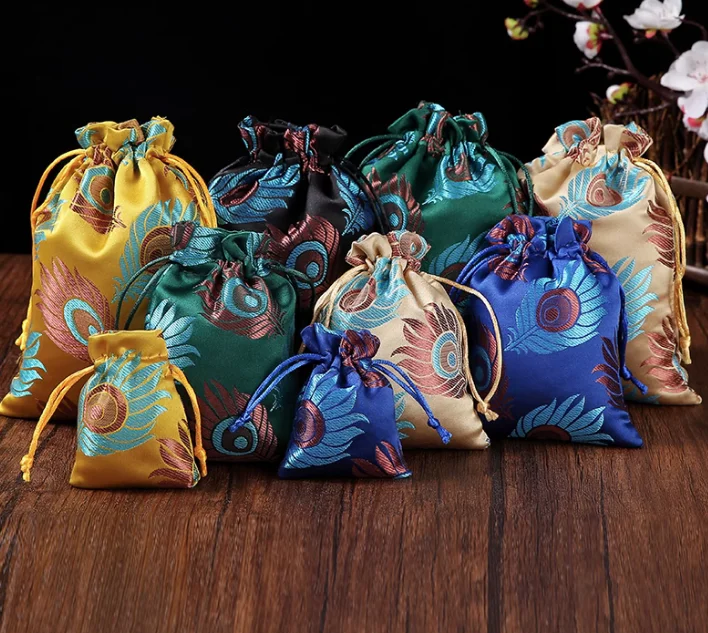 

Feather Pattern Small Drawstring Gift Pouches, Silk Brocade Jewelry Packaging, Wedding Party Favor Bags, Wholesale, 20Pcs