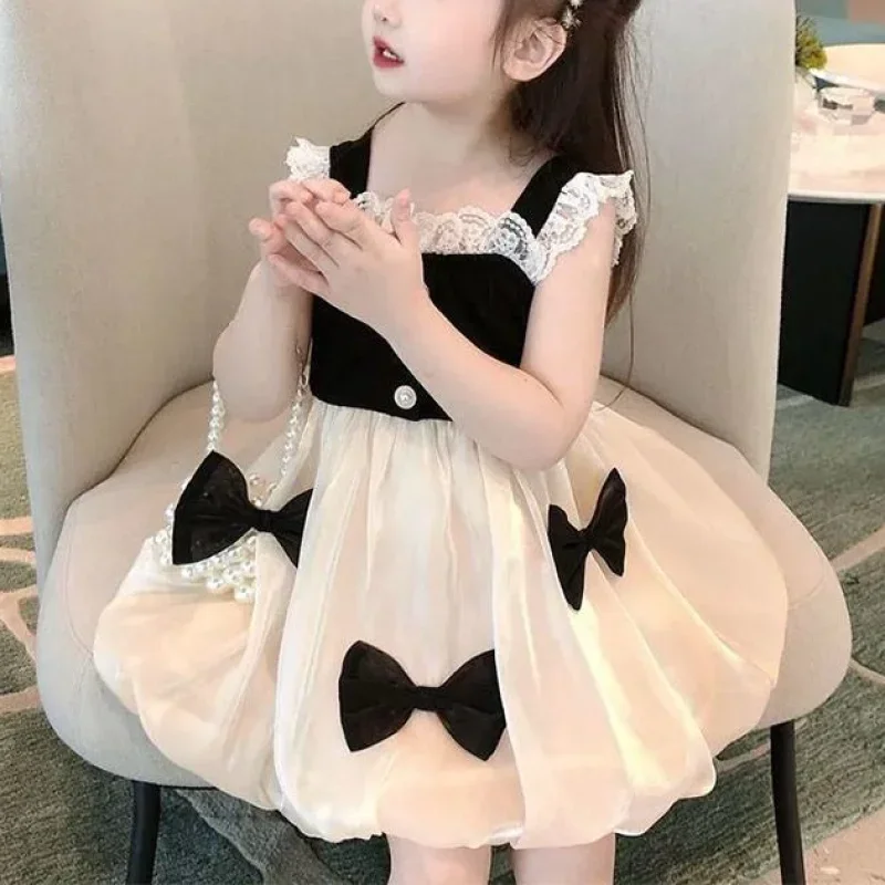 2024 Summer New Girls Contrast Color Sling Spliced Lace Bow Button Sweet Chic Slim Playful Korean Sleeveless Layered Dress