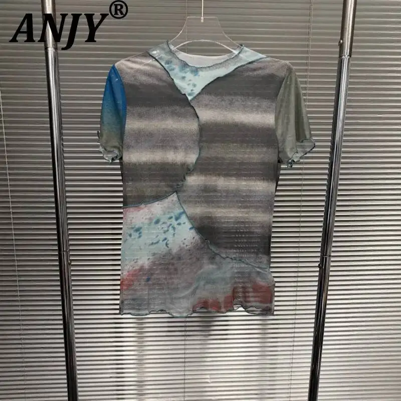 ANJY Spring Summer New Women Niche Design Contrast Color Patchwork Short Sleeve T-shirt Loose Casual Stylish Elegant Tees A24270