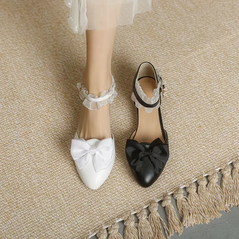 ASILETO Design Women Lolita Flats 32 33 Pointed Toe Buckle Strap Bowknot Sweet Soft Daily Mary Janes Shoes Plus Size 43 Spring