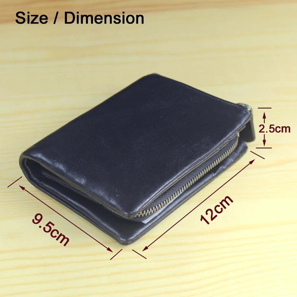 Fashion Genuine Leather Wallet with zipper Men's Purse Male short Money Clip Card Wallet with coin pocket Multi-card slots Black