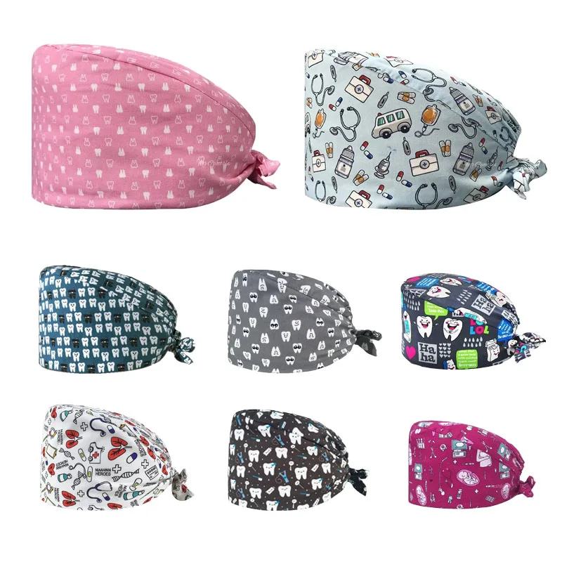 Gorro quirúrgico ajustable con estampado de dientes de algodón, gorro de Hospital para mujeres y hombres, gorro de enfermería para salón de belleza, gorro de trabajo de laboratorio, gorro de Cirugía de pelo largo