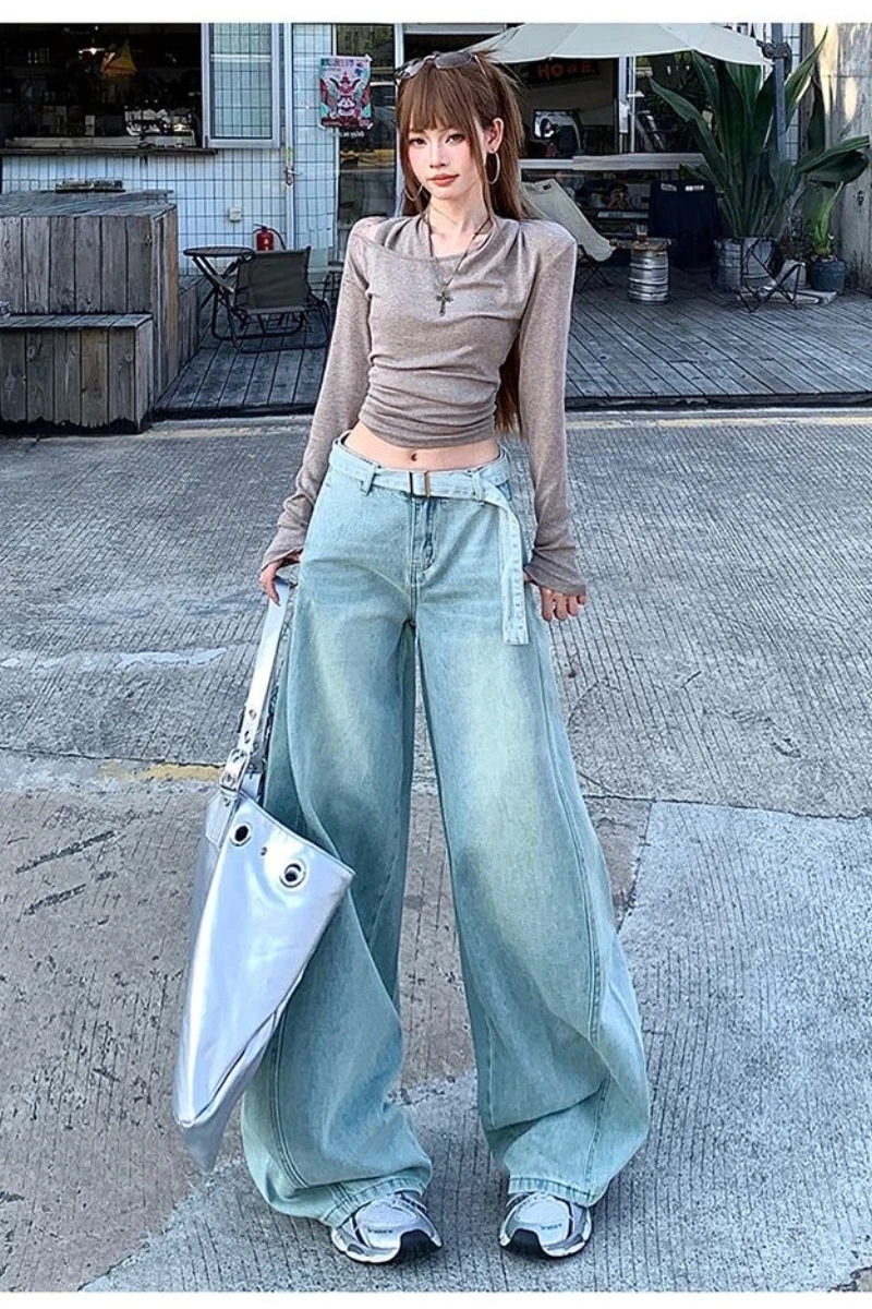 Dżinsy damskie Y2k Jasnoniebieskie Jesienne Casualowe z wysokim stanem Proste nogawki Szerokie spodnie z paskiem Modne