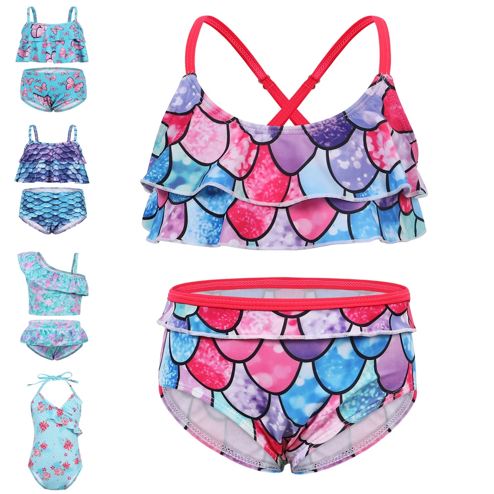 

Jurebecia Girls Swimwear Mermaid Swimsuit 2Pcs Flounce Bikini Set Kids Fish Scale Butterfly Pattern Bathing Suits