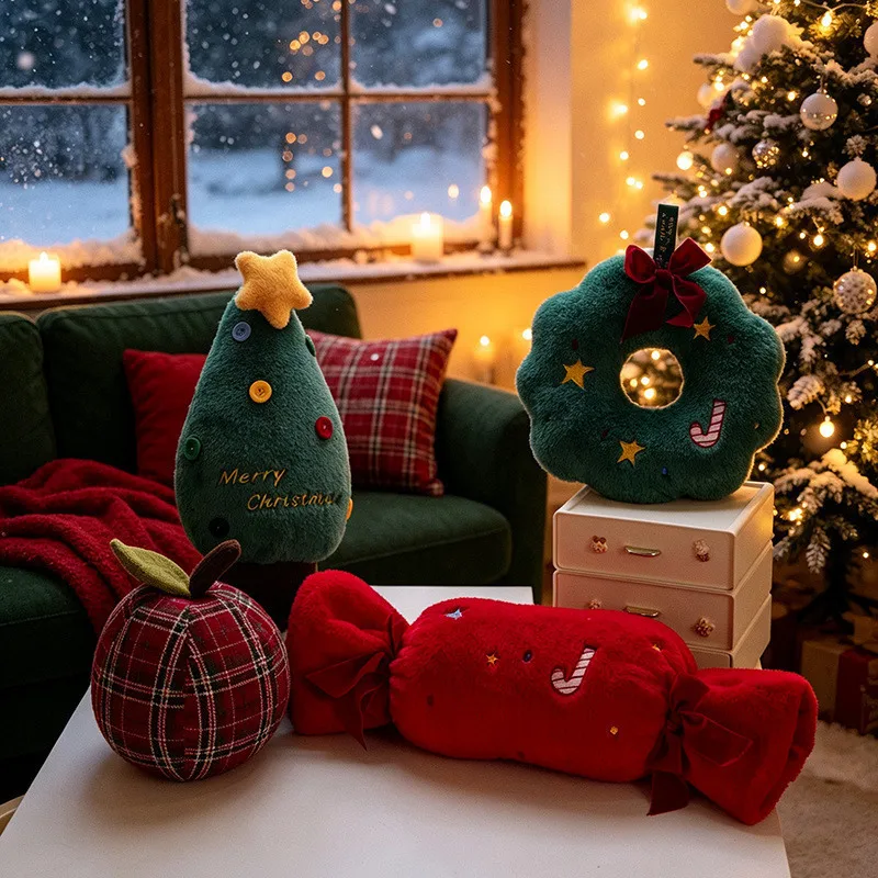 Fun Christmas Plush Throw Pillow Stuffed Toy Doll Christmas Tree Apple Candy Wreath Ornament for Sofa Tabletop Xmas Home Decor
