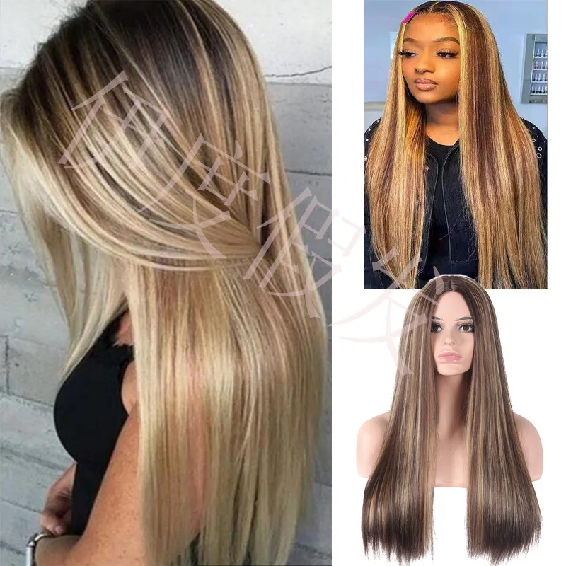 Medium length straight hair European and American wig dyed gradient new hair cover fashionable women's wig