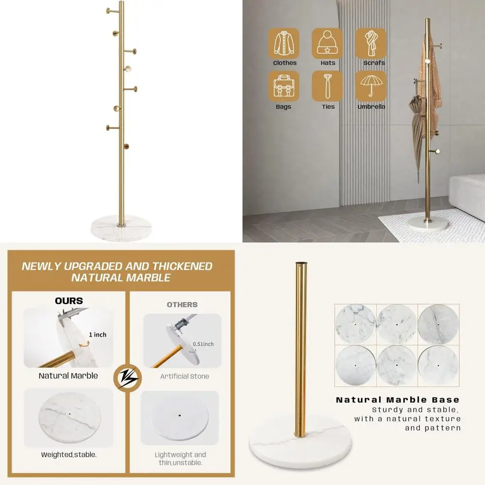 

Отдельностоящая вешалка из нержавеющей стали с 8 крючками и основанием из натурального мрамора для домашнего и офисного использования