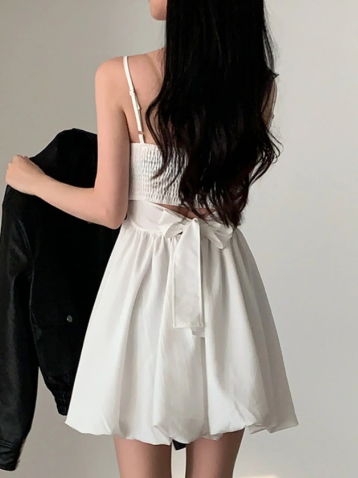 Chic Summer  Knot Tie Pleated  Flower Bud Strap Dr Girl\'s Feel High Waist Korean Sle No Sve Polyester Fiber