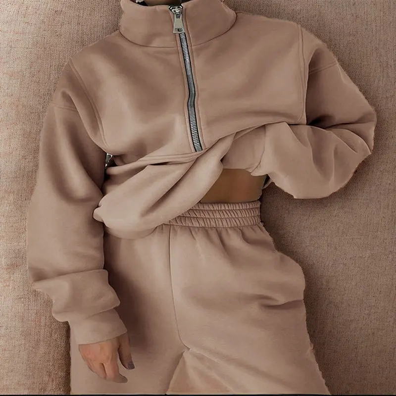 Winter Women Casual Matching Two-Piece Set Zip Up Sweaters Solid Colar Sweatpants Outfits Women Two Pieces Matching Suits