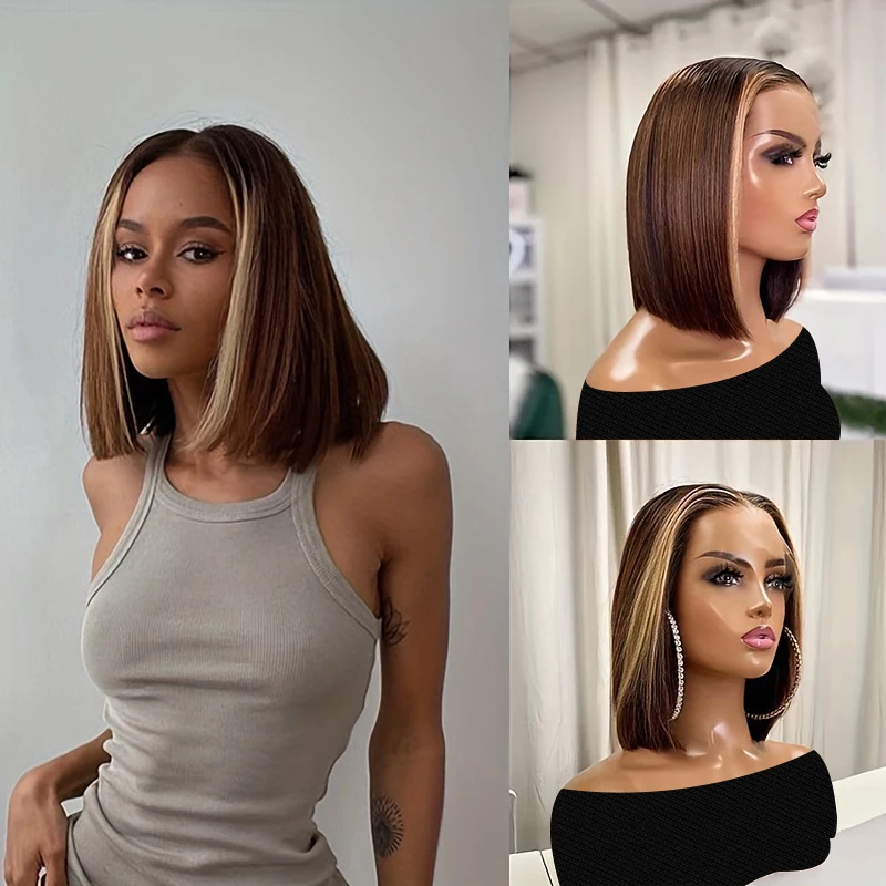 

P4/27 Highlight Colored Bob 13x4 Transparent Lace Front Human Hair Wigs for Women Short Straight Bob Wig Remy Hair Wigs
