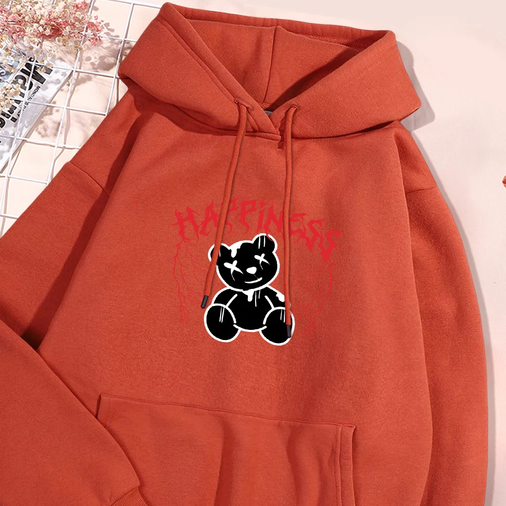 Gothic Bear Print Male Hoodies Casual Loose Warm Fleece Hoodie 2024 Autumn Simple Oversize Pullover Leisurewear Men Tops