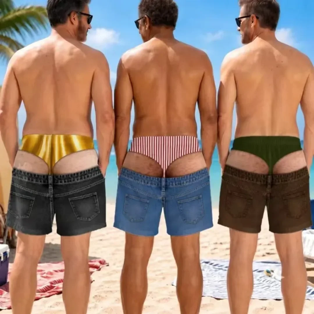 Men's 3D All Over Print Fake Thong Denim Beach Shorts Casual Streetwear Vacation Party Outdoor Daily Board Shorts with Pockets