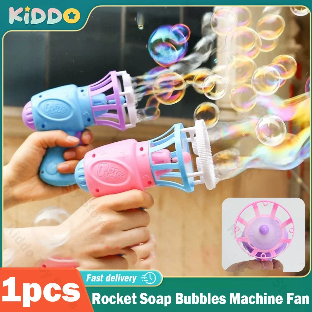 Pistola de burbujas, máquina de burbujas de jabón con cohete, forma de pistola portátil eléctrica automática con ventilador, juguetes que soplan para niños, regalo de Navidad