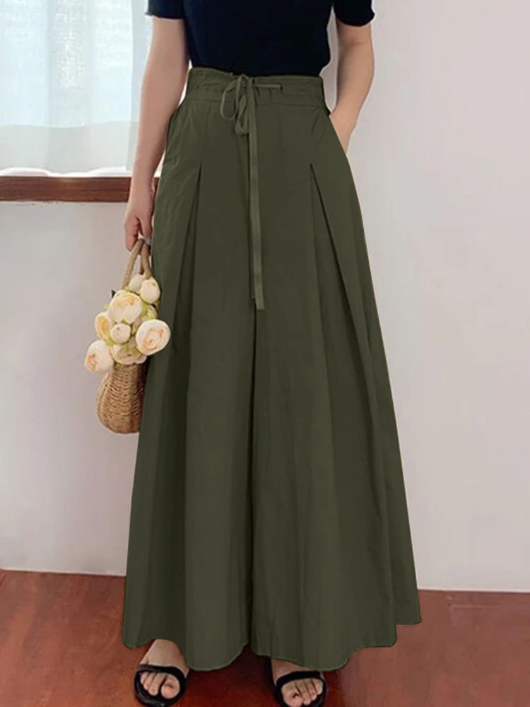 2024 ZANZEA Fashion Wide Leg Pants Women\'s Drawstring Trousers Casual Pantalon Femme Elegant Lace Up Solid Palazzo Oversized