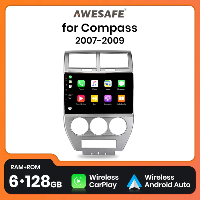 

AWESAFE Беспроводная CarPlay Android 13 радио для Jeep Compass 2007 2008 2009 GPS Навигация стерео автомобильные интеллектуальные системы